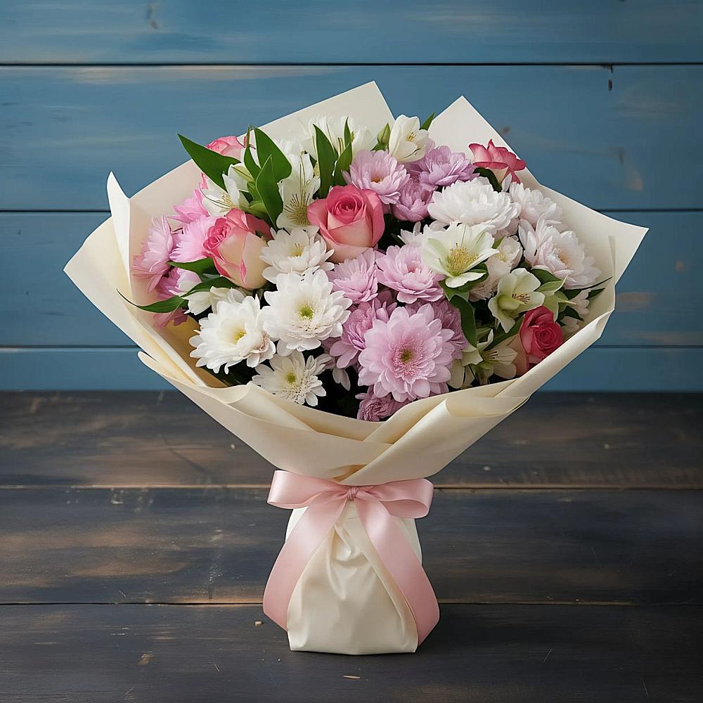 Букет цветов из: Хризантемы, Альстромерии и Розы в Сокольники